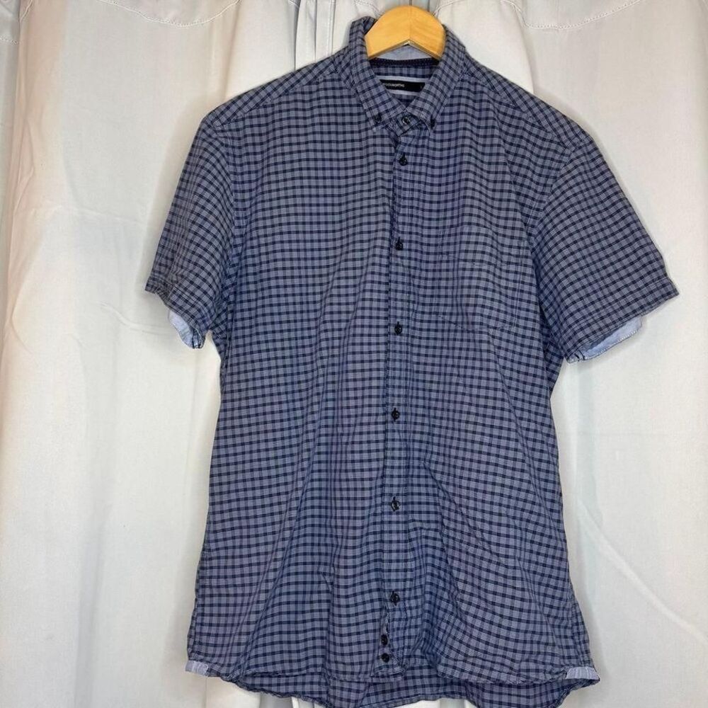 Woolworths Mens L Short Sleeve 100% Cotton Blue Plaid Button Up‎ Regular Fit
